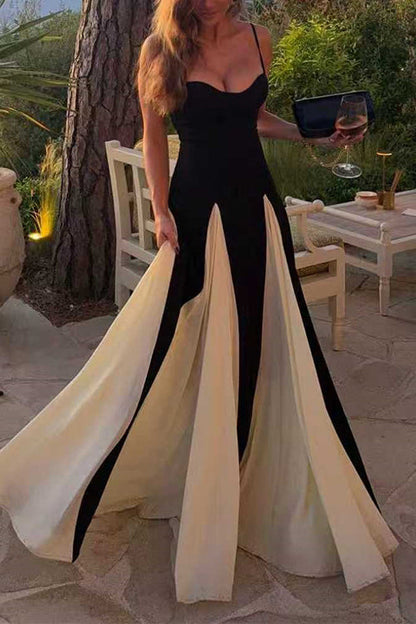 Spaghetti Strap Low Cut Color Block Swing Maxi Dress