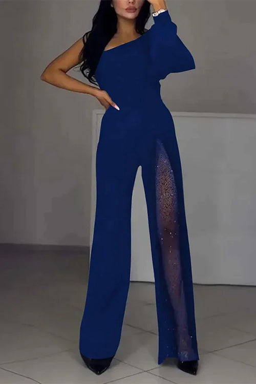 One Shoulder Long Sleeve Patchwork Wide Leg Jumpsuit