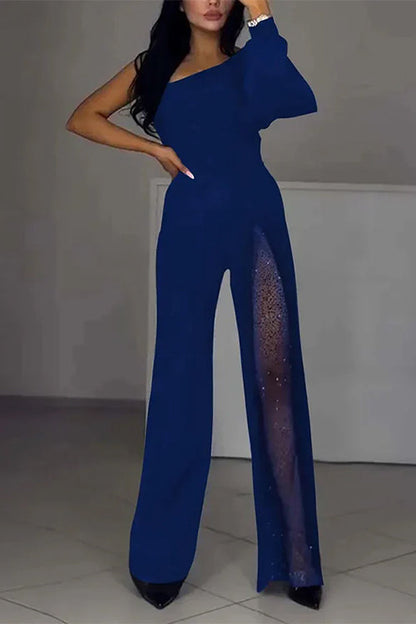One Shoulder Long Sleeve Patchwork Wide Leg Jumpsuit