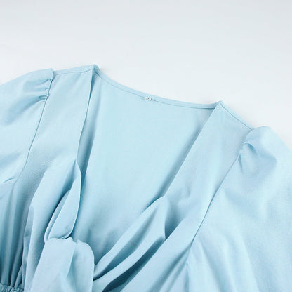 Sweetheart Neck Tie Front Smocked Puff Sleeve Linen Midi Dress