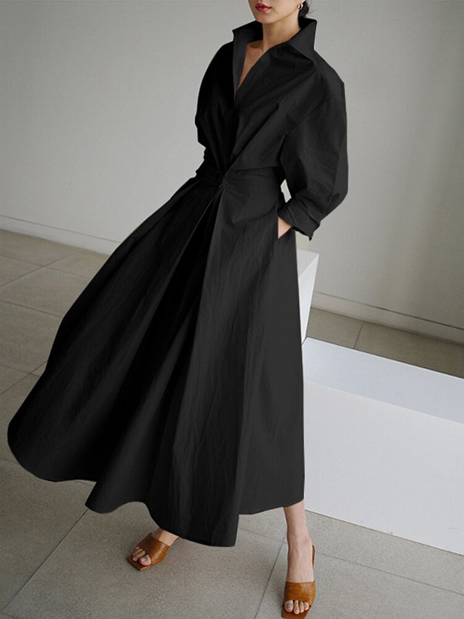 Collared Deep V-Neck Puff Sleeve Pleated A-Line Midi Shirt Dress