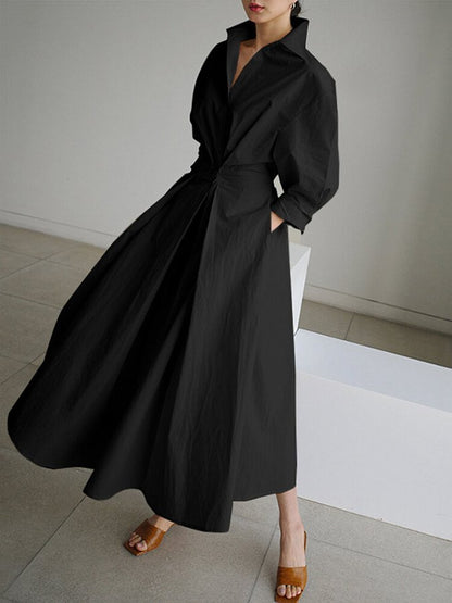 Collared Deep V-Neck Puff Sleeve Pleated A-Line Midi Shirt Dress