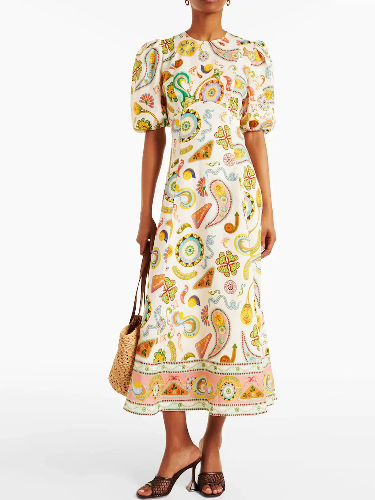 Eclectic Paisley Print Puff Sleeve Round Neck Midi Dress