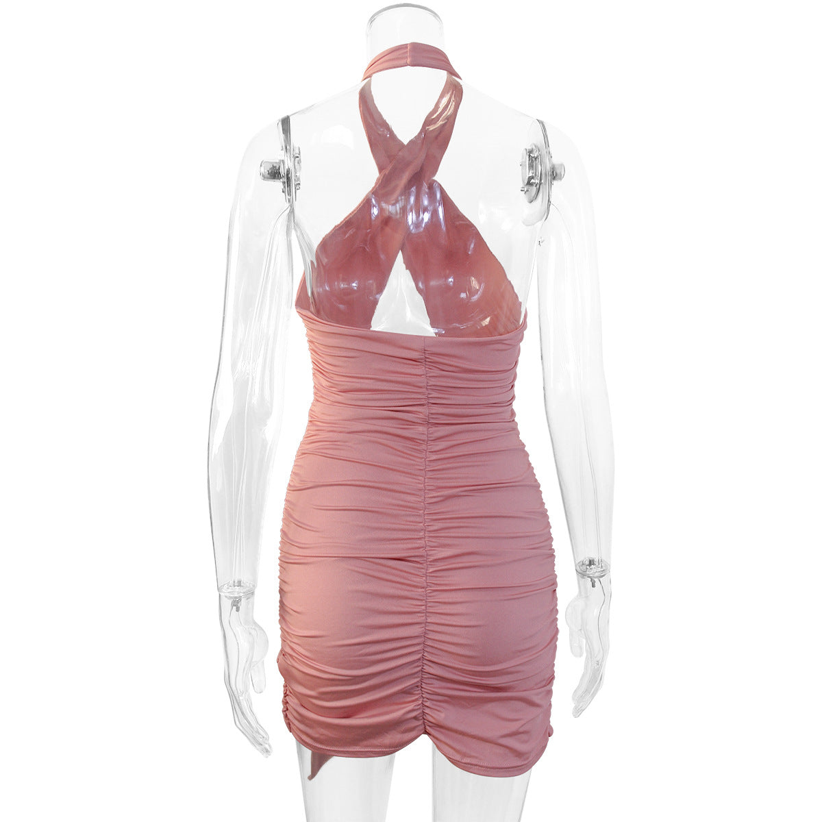 Criss Cross Halter Cutout Ruched Side Drape Mini Dress