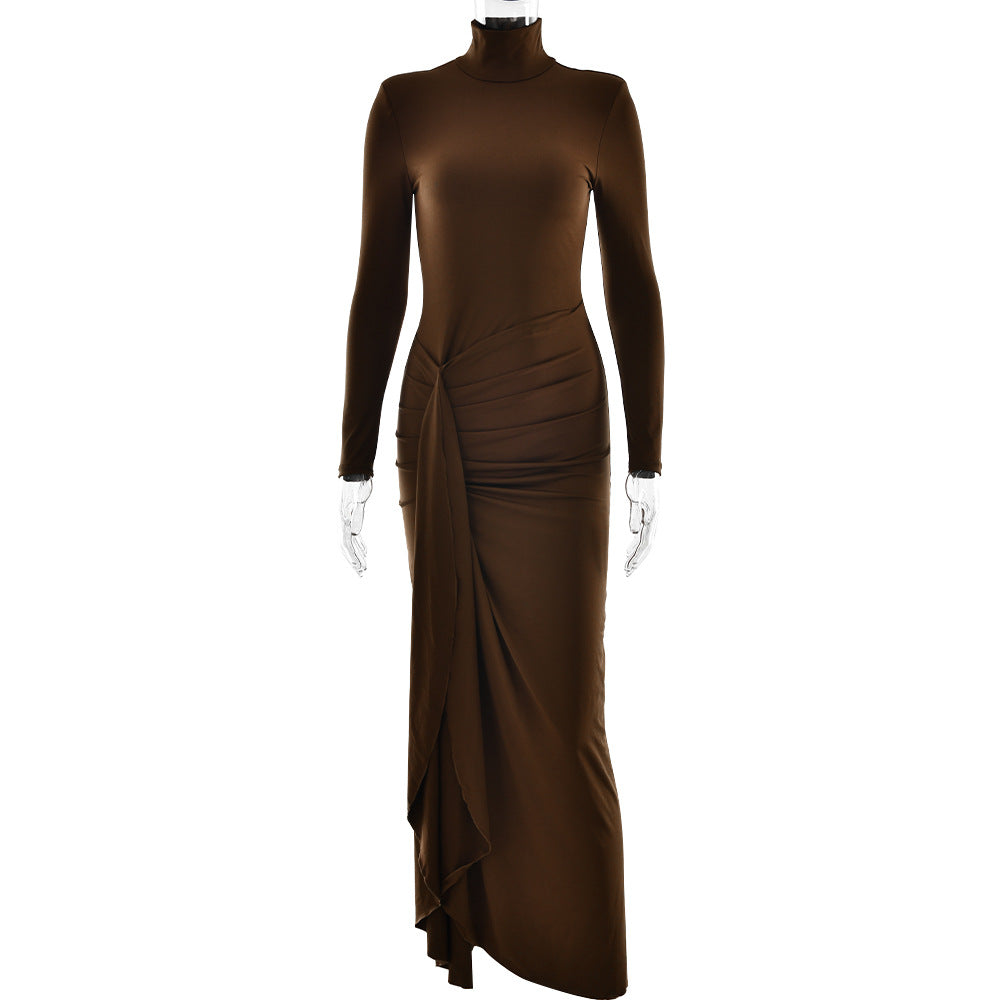 Turtleneck Long Sleeve Twisted Waist Knot High Slit Bodycon Maxi Dress