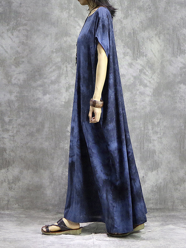 Tie Dye Oversized Short Sleeve Kaftan Shift Column Maxi Dress