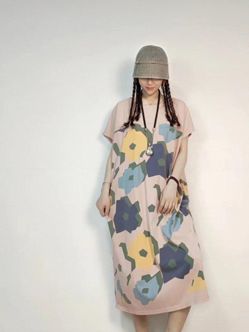 Crew Neck Short Sleeve Abstract Floral Loose Midi Dress