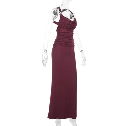 Cowl Neck Buckle Strap Ruched Bodycon Maxi Dress