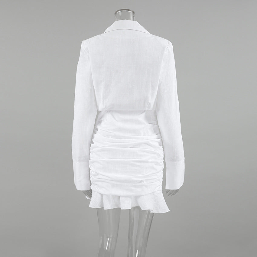 Deep V Notched Lapel Long Sleeve Ruched Blazer Mini Dress