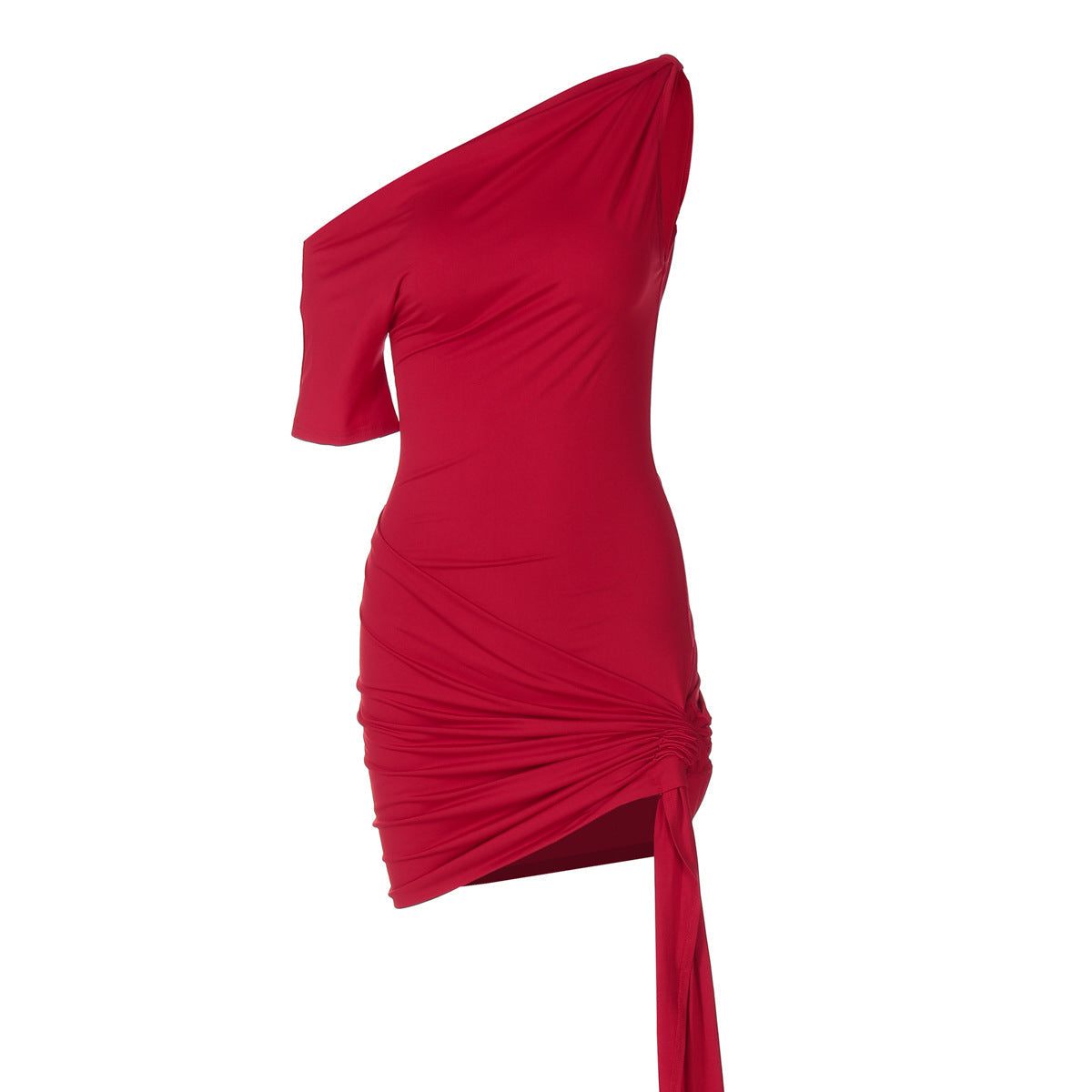One Shoulder Ruched Mini Dress with Side Sash