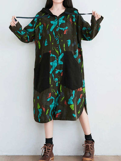 Hooded Zip Front Jacket Style Midi Dress