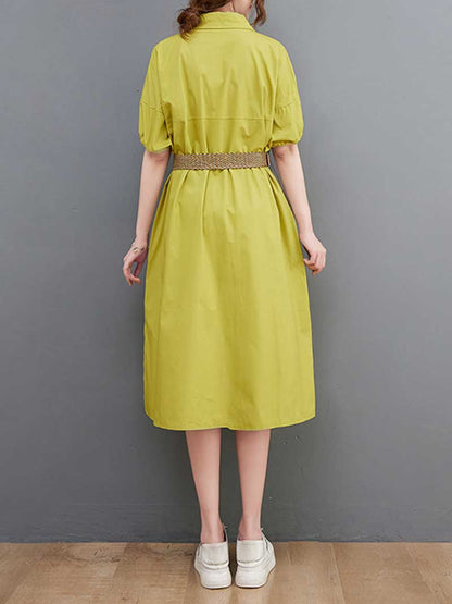 Pointed Collar Button Front Belted Cotton Shirt Midi Dress