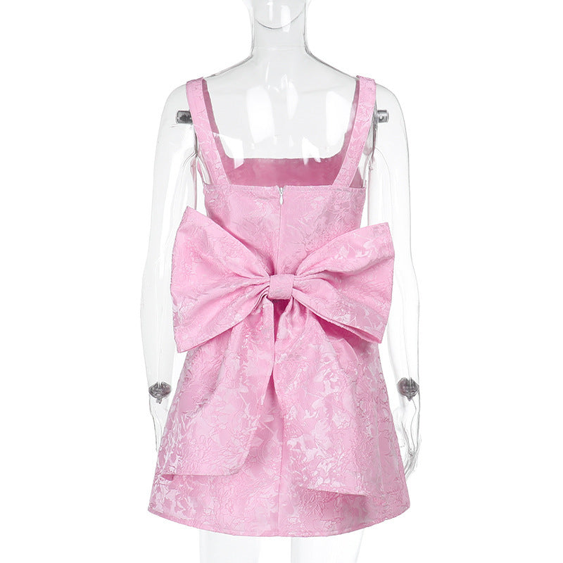 Square Neck Jacquard Brocade Floral Oversized Bow Back Skater Mini Dress