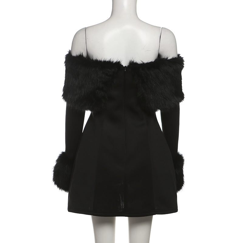 Off Shoulder Faux Fur Trim Long Sleeve A-Line Mini Dress