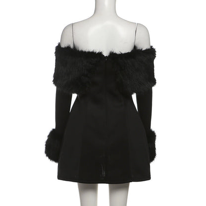 Off Shoulder Faux Fur Trim Long Sleeve A-Line Mini Dress