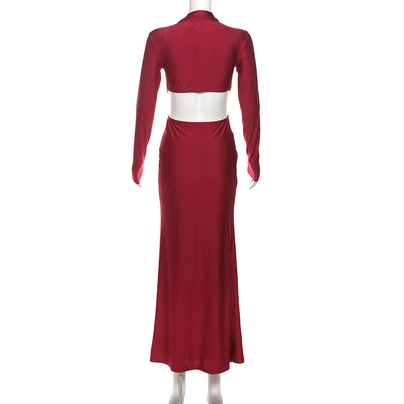 Deep V-Neck Long Sleeve Side Cutout Rosette Waist Ruched Maxi Dress