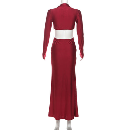 Deep V-Neck Long Sleeve Side Cutout Rosette Waist Ruched Maxi Dress