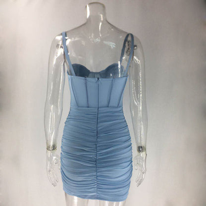 Sweetheart Neck Corset Boning Mesh Ruched Spaghetti Strap Mini Dress