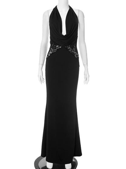 Plunging Halter Cowl Lace Side Panel Mermaid Maxi Gown