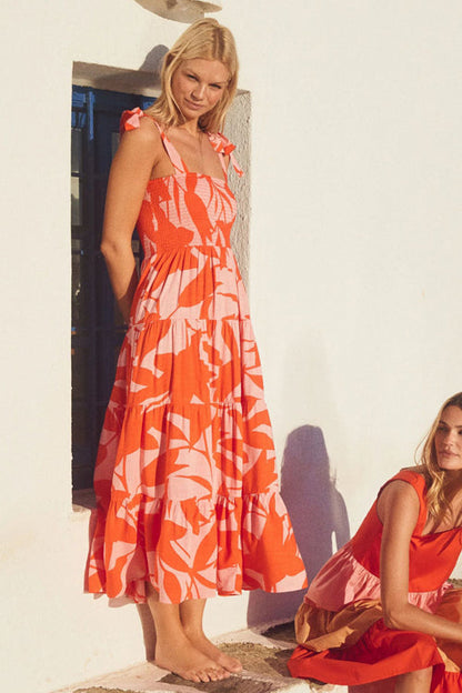 Botanical Leaf Print Smocked Square Neck Tie Shoulder Tiered Maxi Dress