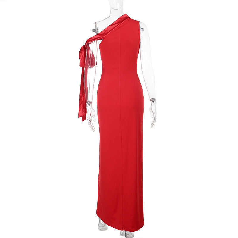 One Shoulder Bow Shoulder High Slit Column Maxi Gown