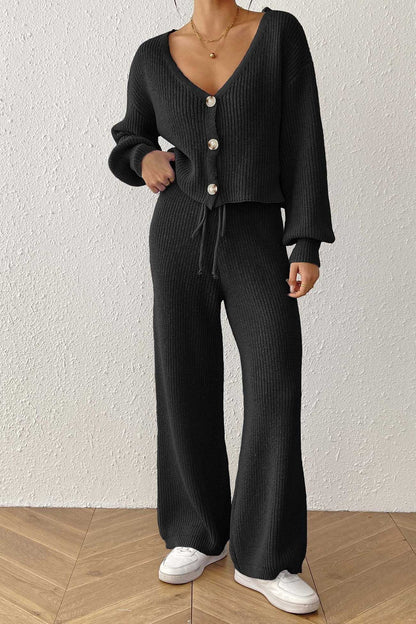 Button-down Crop Cardigan Pants Set