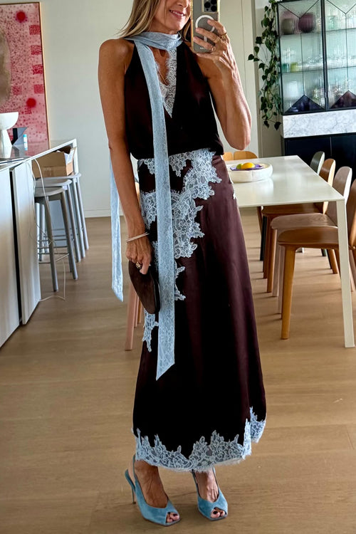 Sleeveless V Neck Lace Trim Satin Scarf Top