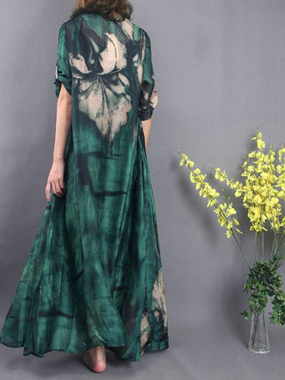 Scoop Neck Batwing Sleeve Abstract Brushstroke Kaftan Maxi Dress
