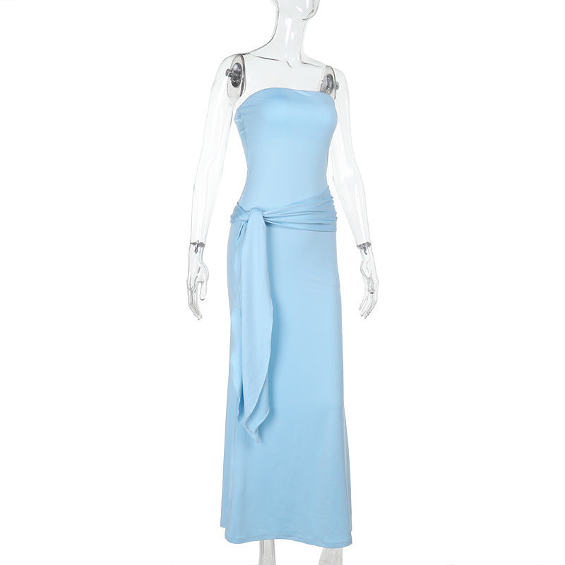 Strapless Ruched Hip Sash Drape Mermaid Column Maxi Dress