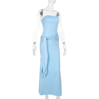 Strapless Ruched Hip Sash Drape Mermaid Column Maxi Dress