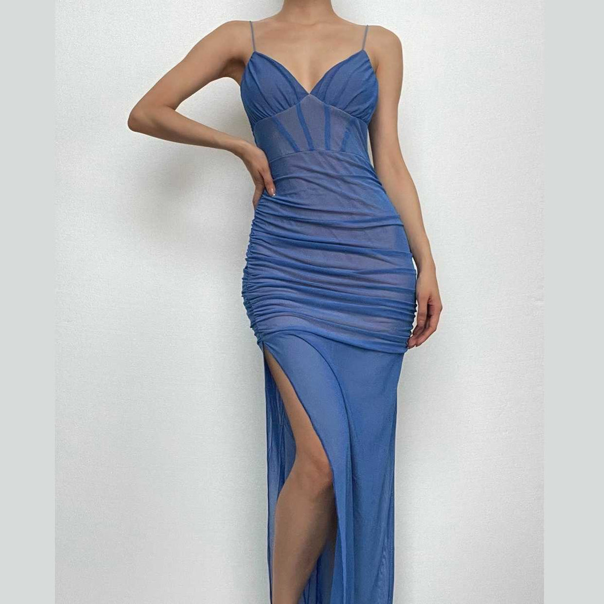 Sweetheart Spaghetti Strap Mesh Overlay Ruched Corset High Slit Maxi Dress