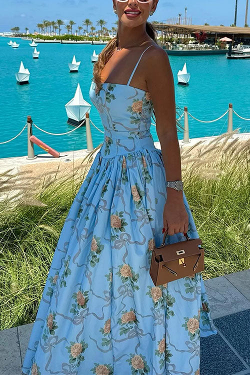 Spaghetti Strap Waisted Floral Print A-line Maxi Dress