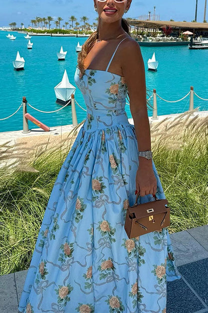 Spaghetti Strap Waisted Floral Print A-line Maxi Dress