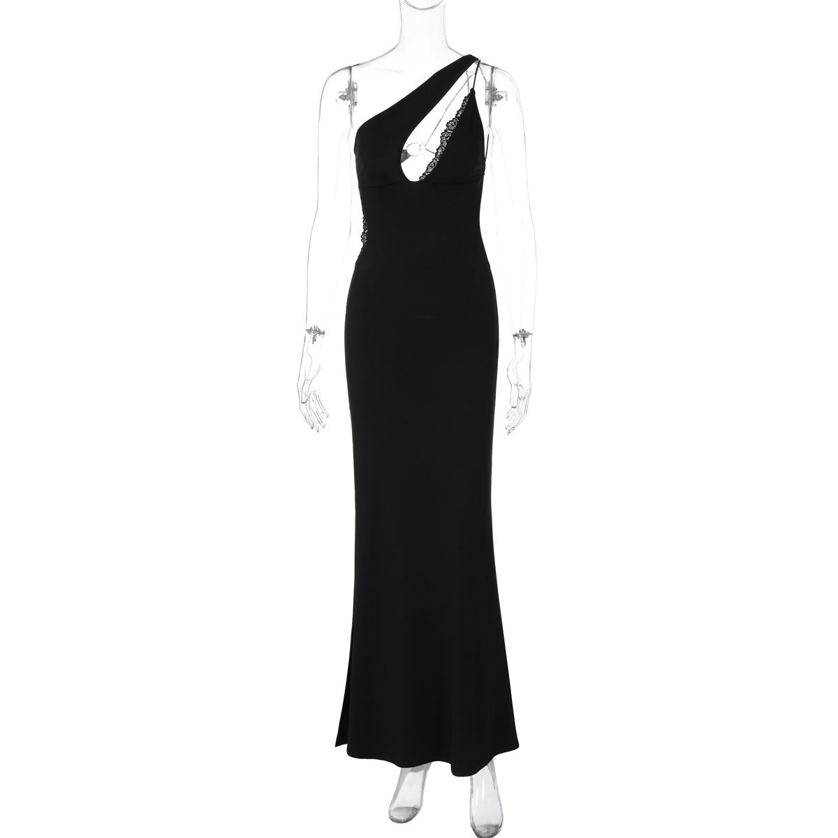 One Shoulder Lace Trim Cutout Side Slit Bodycon Maxi Dress