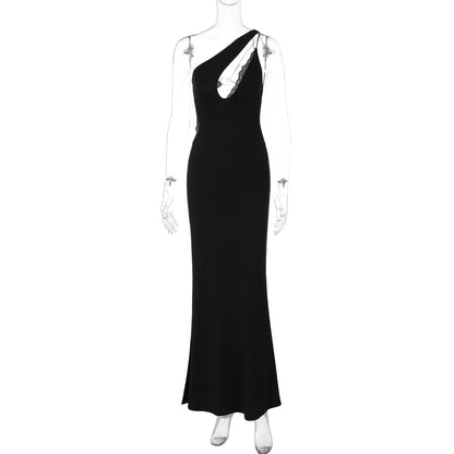 One Shoulder Lace Trim Cutout Side Slit Bodycon Maxi Dress