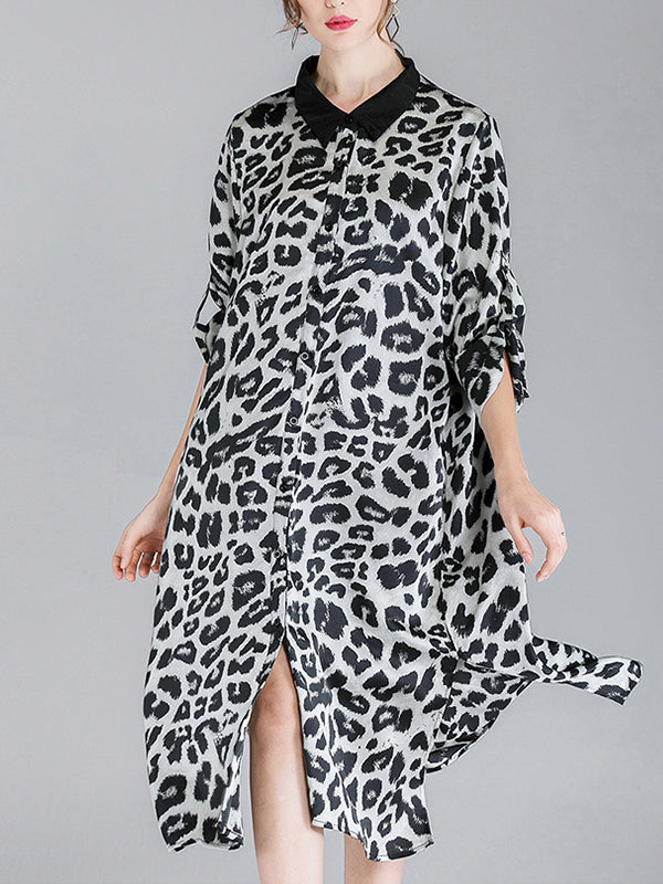 Contrasting Lapel Spotted Print Button Front High Slit Midi Shirt Dress