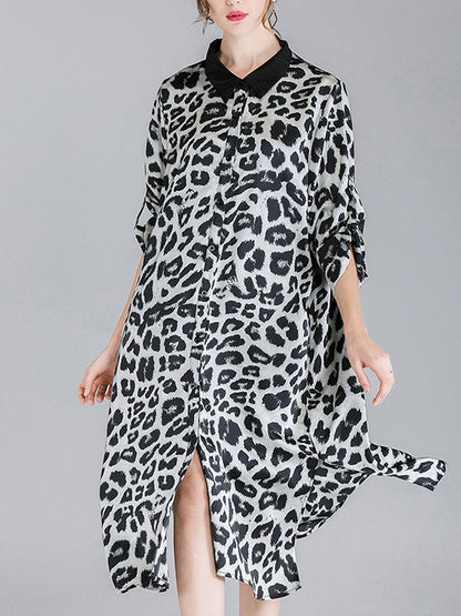 Contrasting Lapel Spotted Print Button Front High Slit Midi Shirt Dress