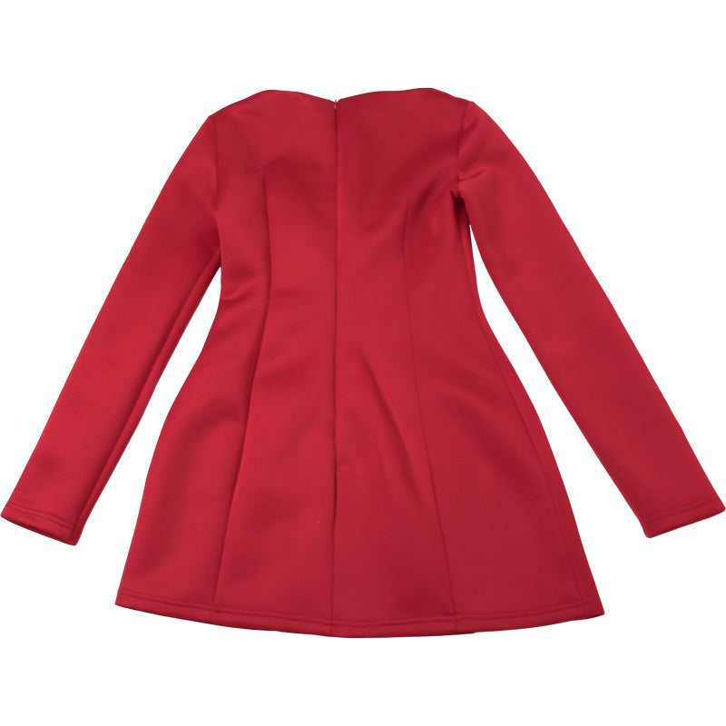 Long Sleeve Bow Pocket Structured A-Line Mini Dress