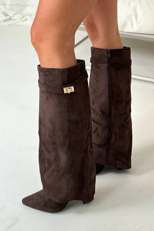 Pointed Toe Block Heel Fold Over High Boots