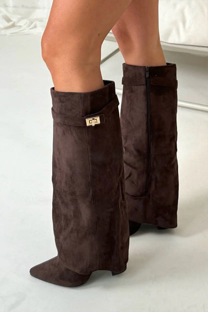 Pointed Toe Block Heel Fold Over High Boots
