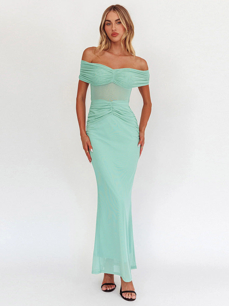 Off Shoulder Mesh Midriff Panel Ruched Waist Column Maxi Dress