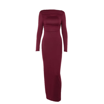Long Sleeve Deep Open Back Ruched Column Maxi Gown