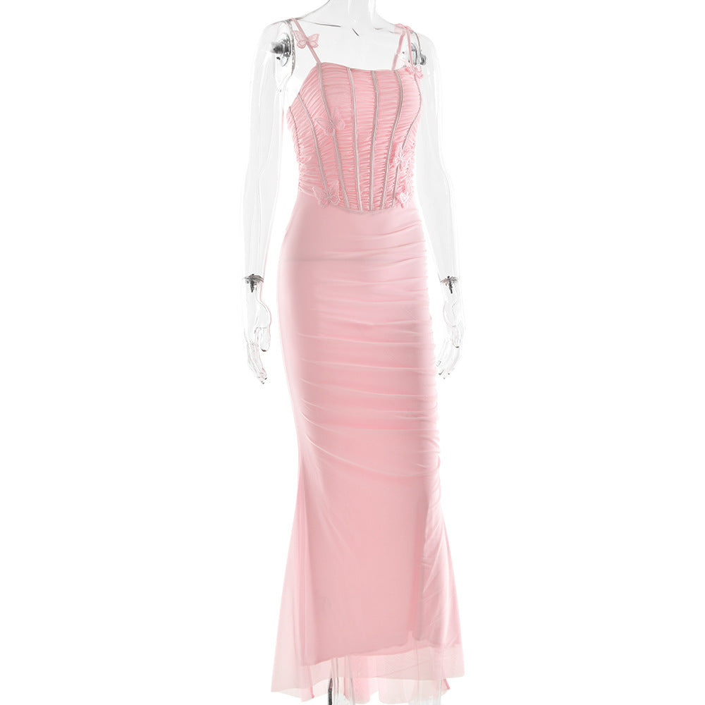 Spaghetti Strap Butterfly Applique Corset Boned Ruched Mermaid Maxi Dress