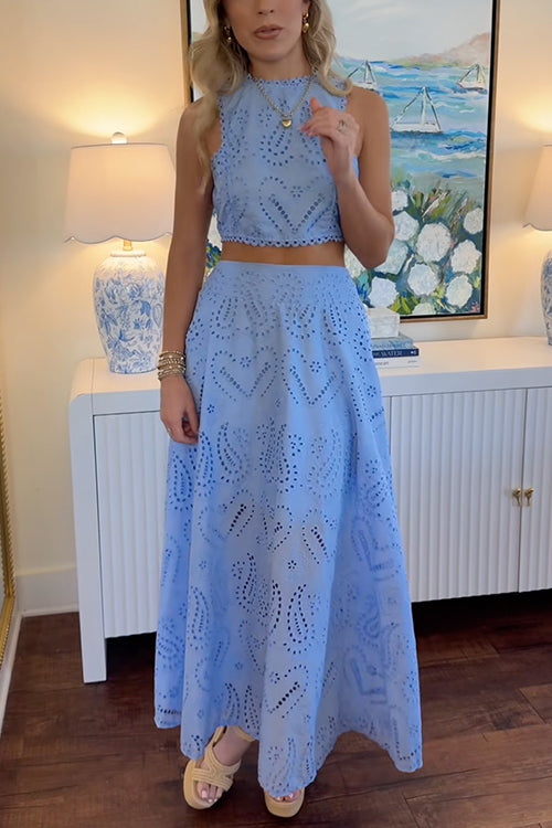 Lace Hollow Out Sleeveless Crop Top High Waist Maxi Skirt Set