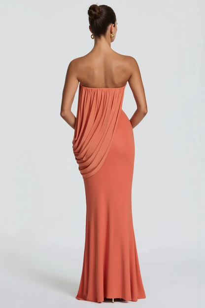 Strapless Diagonal Drape Panel Pleated Overlay Column Maxi Gown