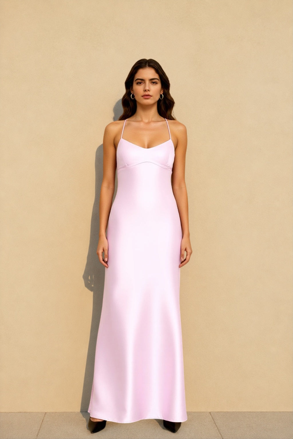 Spaghetti Strap Deep Scoop Neck Satin Bodycon Midi Dress