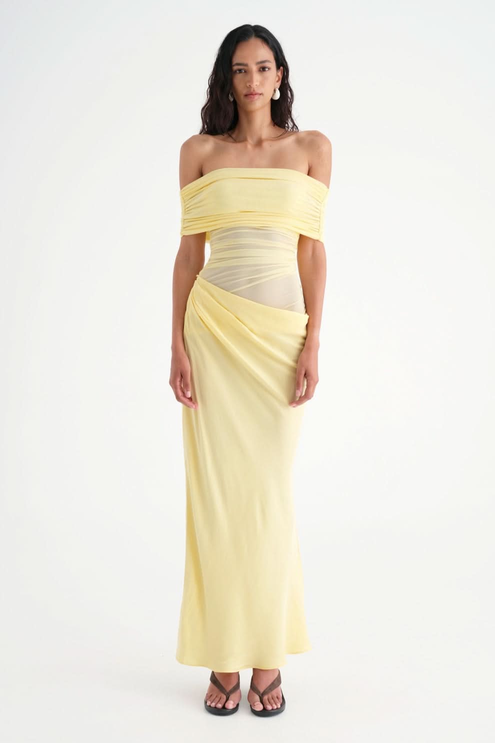 Off Shoulder Sheer Ruched Panel Draped Waist Maxi Gown