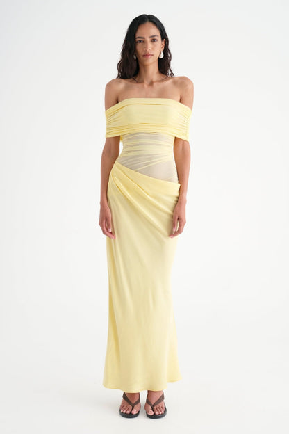 Off Shoulder Ruched Mesh Waist Panel Draped Overlay Maxi Gown