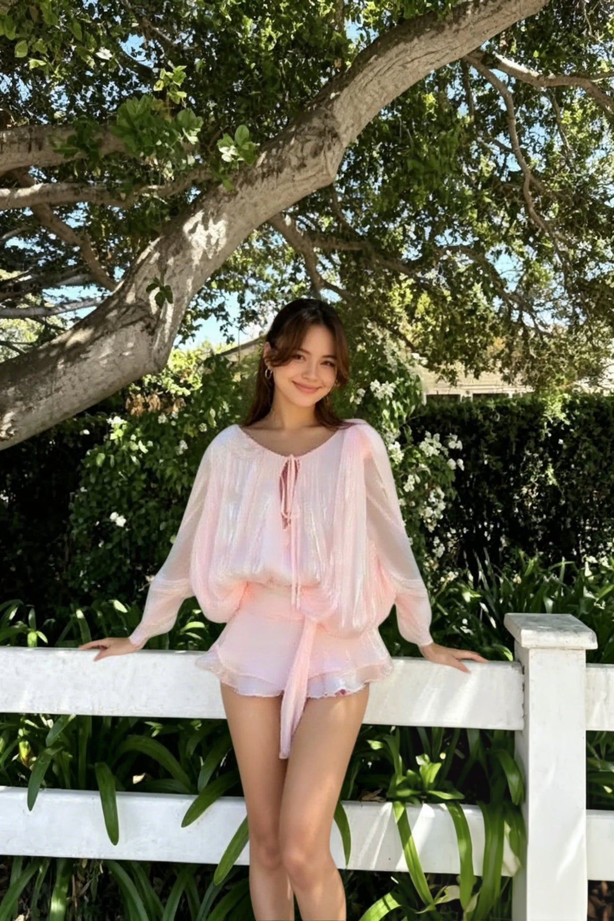 Crinkle Shimmer Tie Front Balloon Sleeve Mini Dress