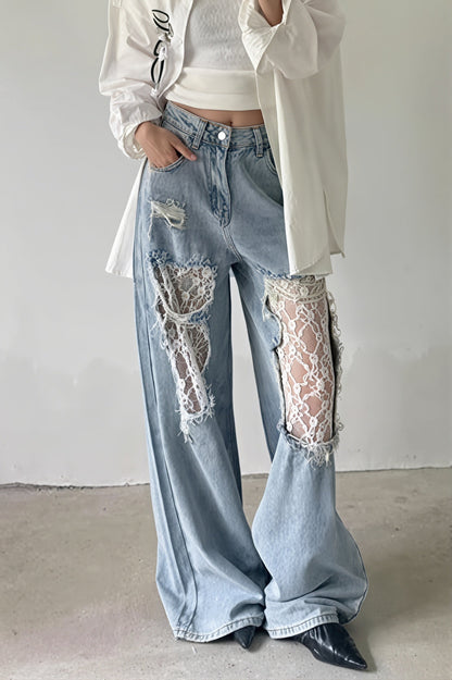 Lace Patchwork Wide Leg Jeans